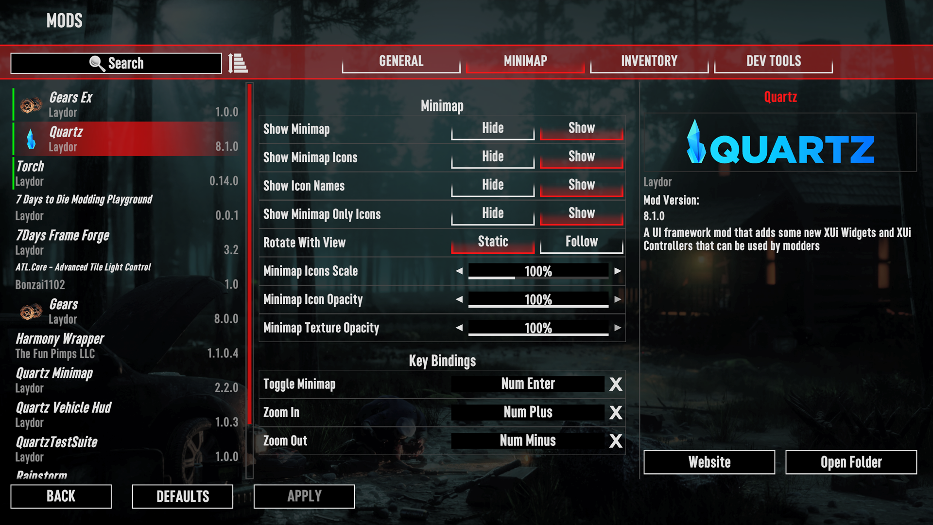 A mod's settings page in the Mods menu, with a player stepping a Selector and dragging a Slider