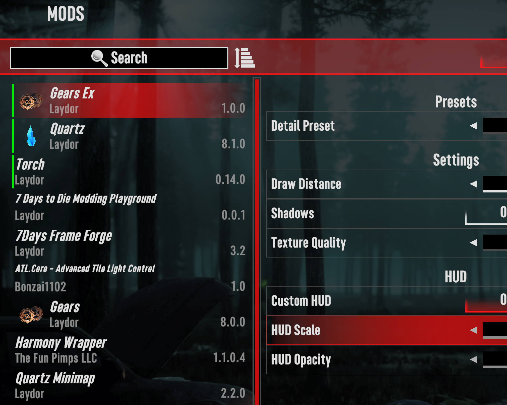 The Mods window listing installed mods, with one selected