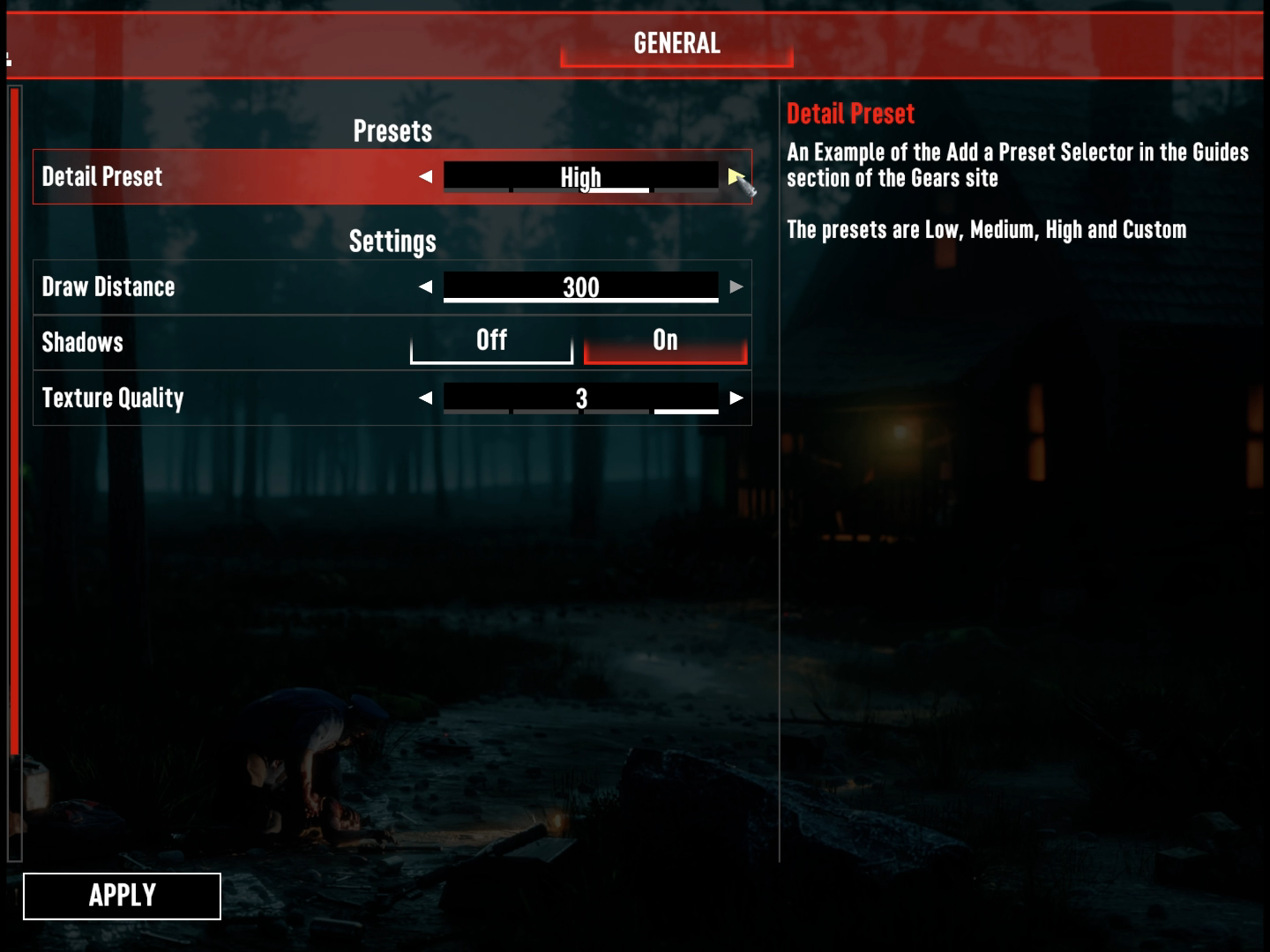 The Apply button lit after a preset moved several settings rows