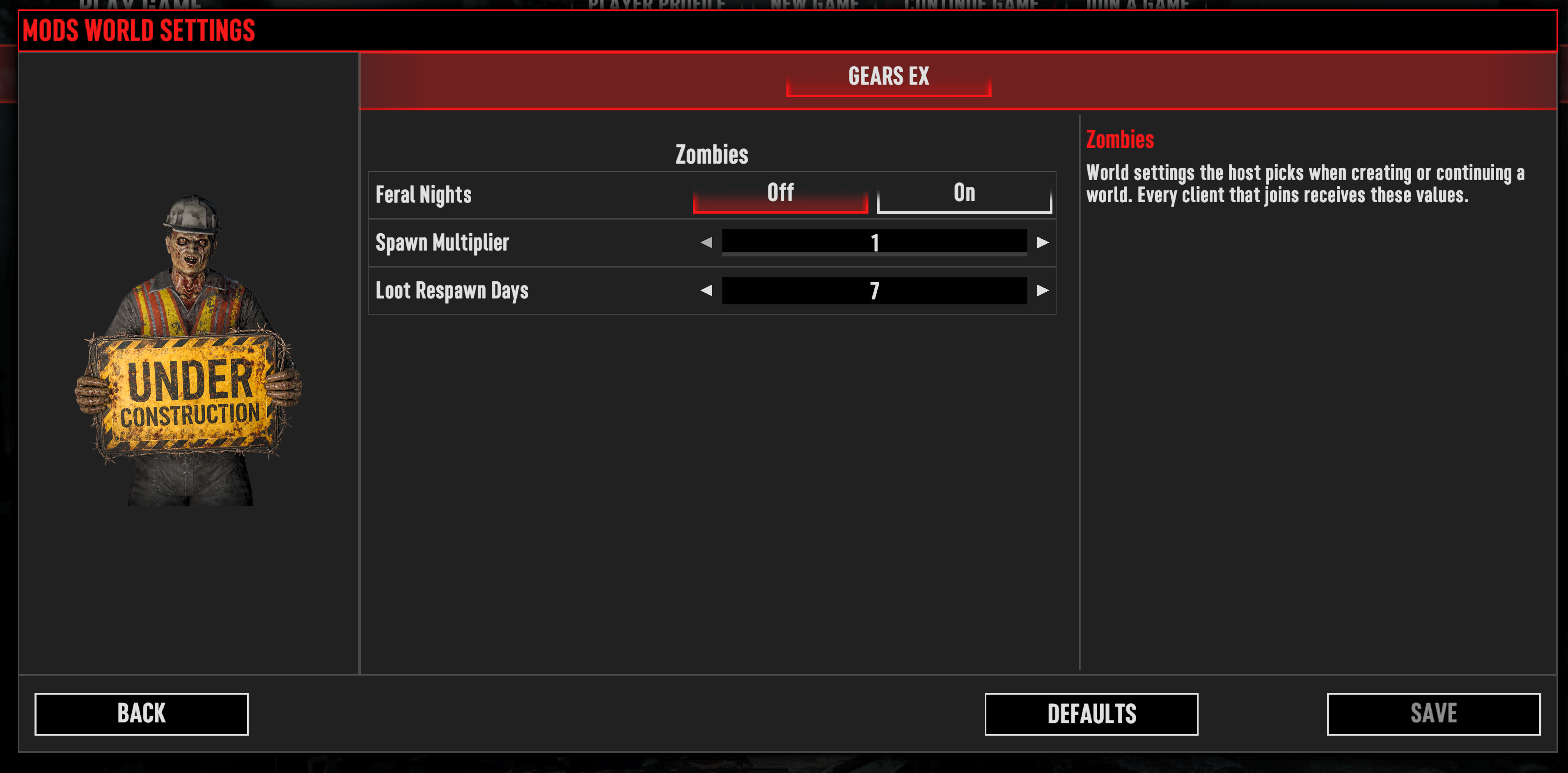A mod's world settings category on the New Game screen